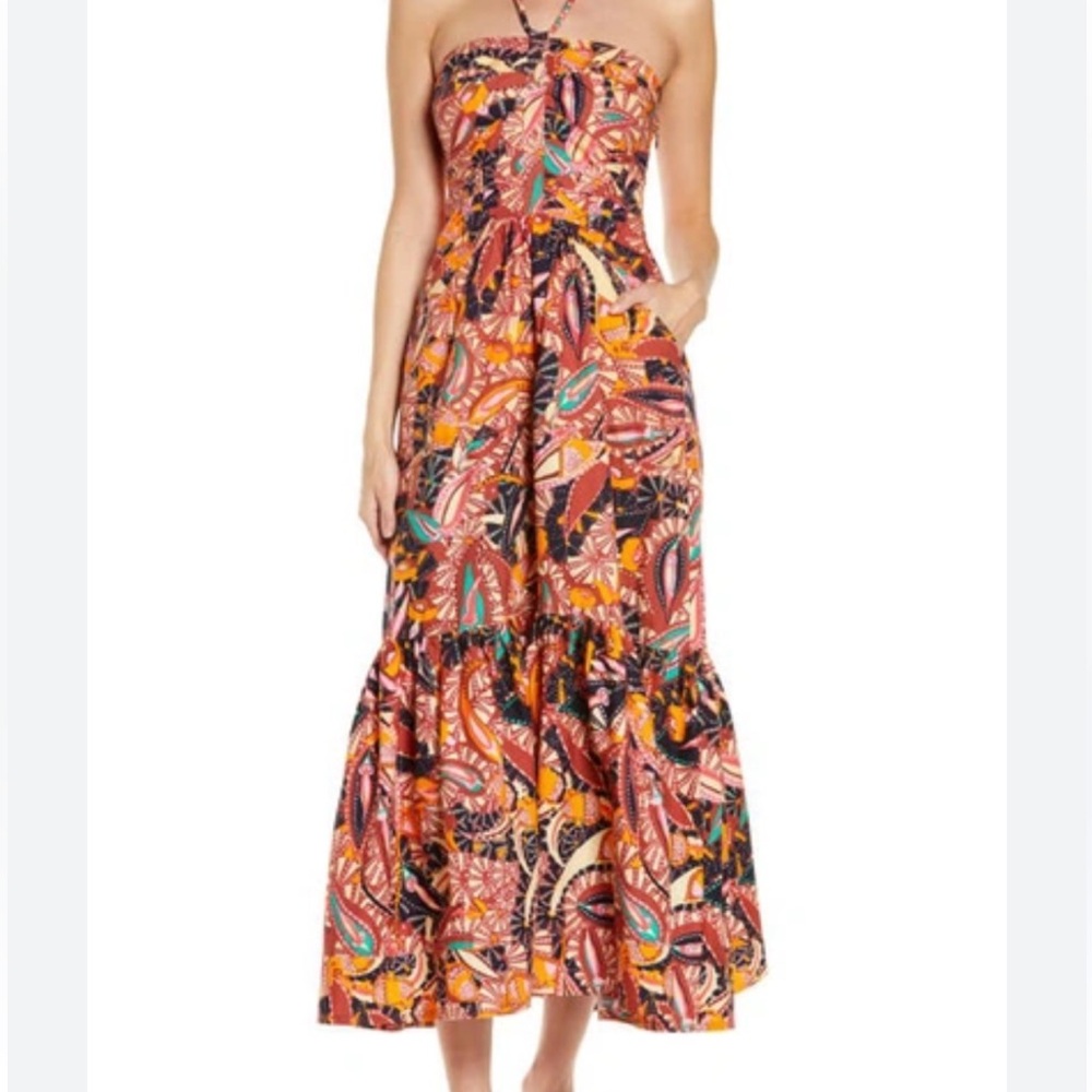 A.L.C. Adelle Tiered Printed Cotton Halterneck Maxi Dress